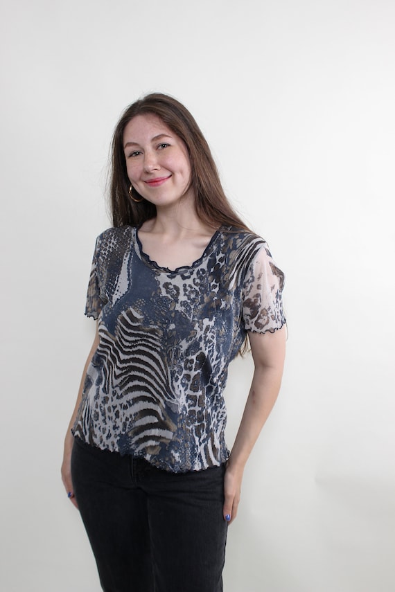 90s Italian leopard blouse, vintage blue printed pullover sheer crop top, Size M