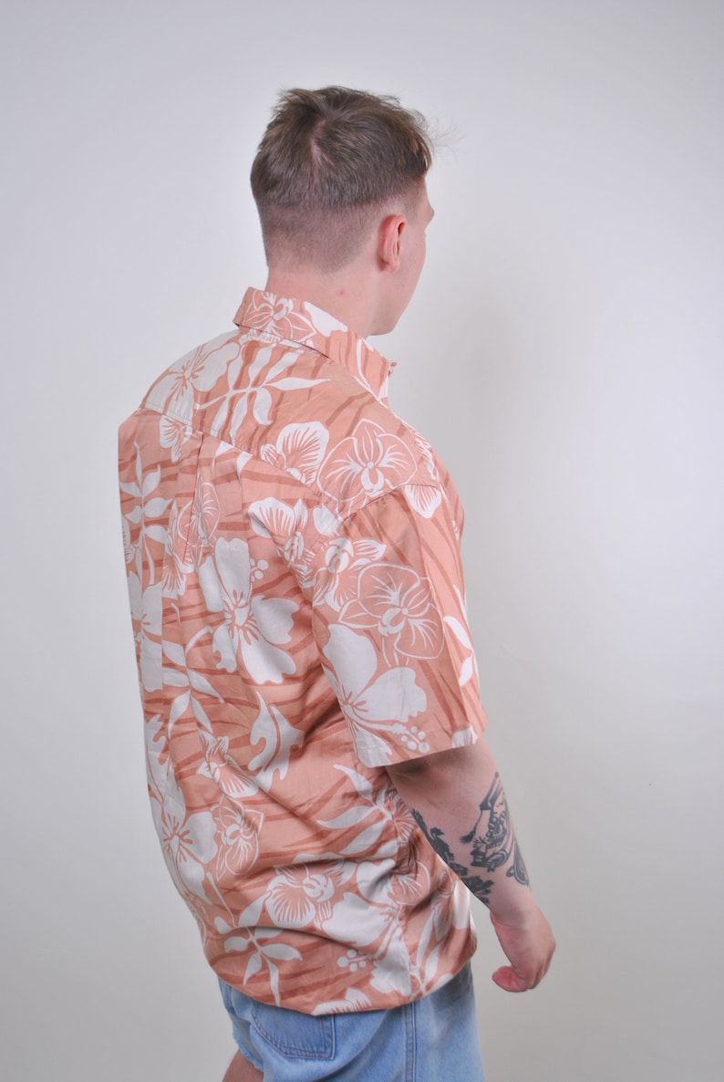 Floral shirt summer outfit hawaii print short sleeve flowers patterm orange white sea blouse boho top Size L button down