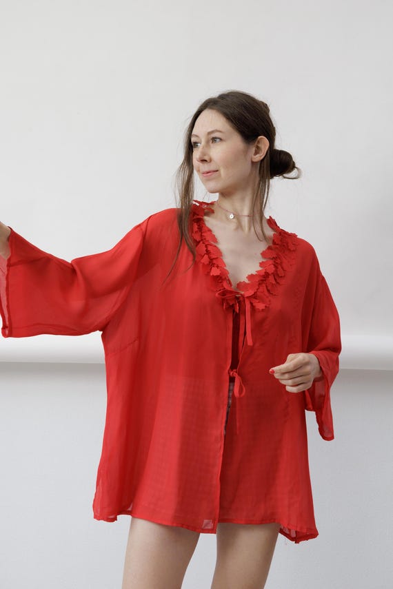 Y2K Red Chiffon Petal Trim Vintage Kimono Blouse Tie Front Sheer Plus Size XXL