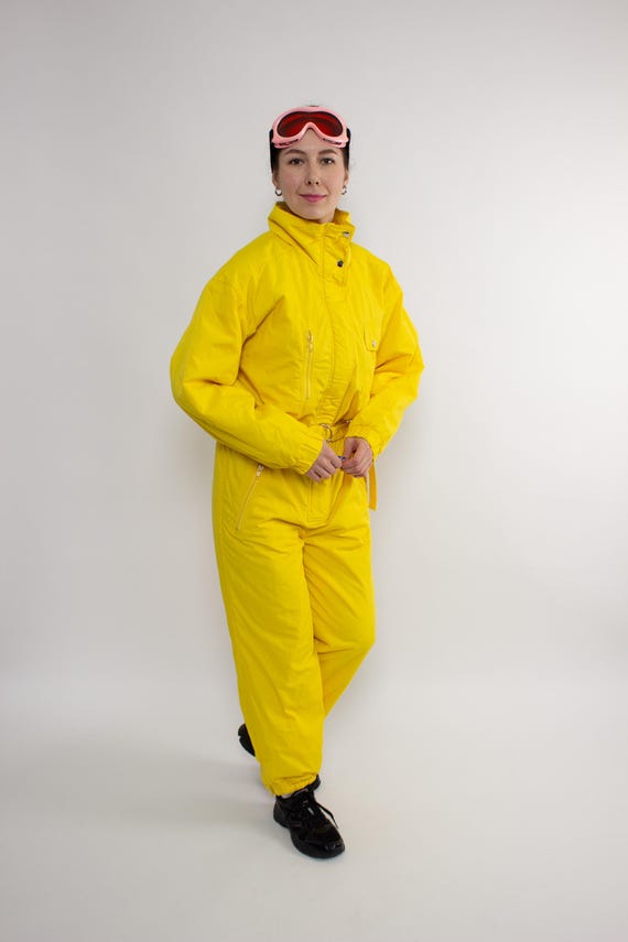 90s One Piece Ski Suit, Vintage Women Yellow Snowsuit, Size M