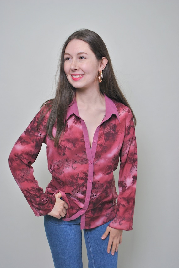 Vintage Y2K Paisley Blouse: Red Abstract Floral Button-Down, Size M