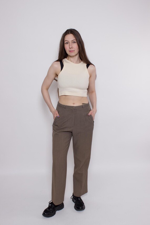 Vintage Brown Straight Leg Pants Women 90s High Waist Trousers Minimalist Office