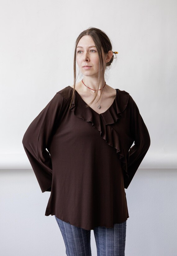 Y2K Chocolate Brown Blouse Vintage Asymmetric Cascade Ruffle Split Bell Sleeve Top Size L