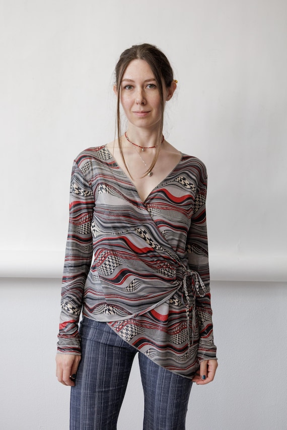 Y2K Psychedelic Wave Wrap Top Vintage Houndstooth Swirl Metallic Side Tie Blouse Size S