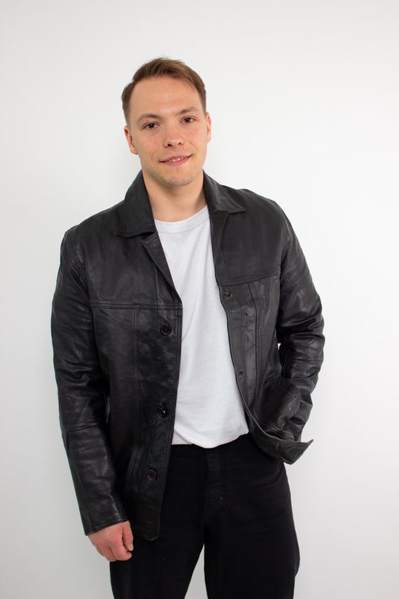 Vintage 90s Black Leather Jacket with  Lining, Classic Button-Up Retro Minimalist Outerwear, Size L
