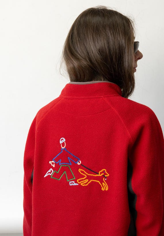 Dog Embroidered Reworked Red Fleece Sweatshirt Half Zip Pullover Original Art Quirky Liner M