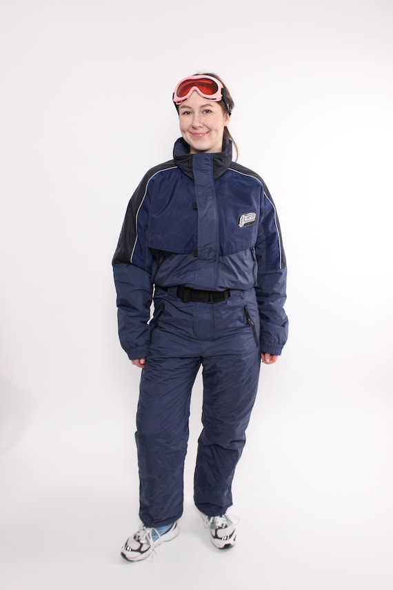 Vintage 90s Navy Ski Suit, Retro Minimalist One Piece Snowsuit Women, Size L