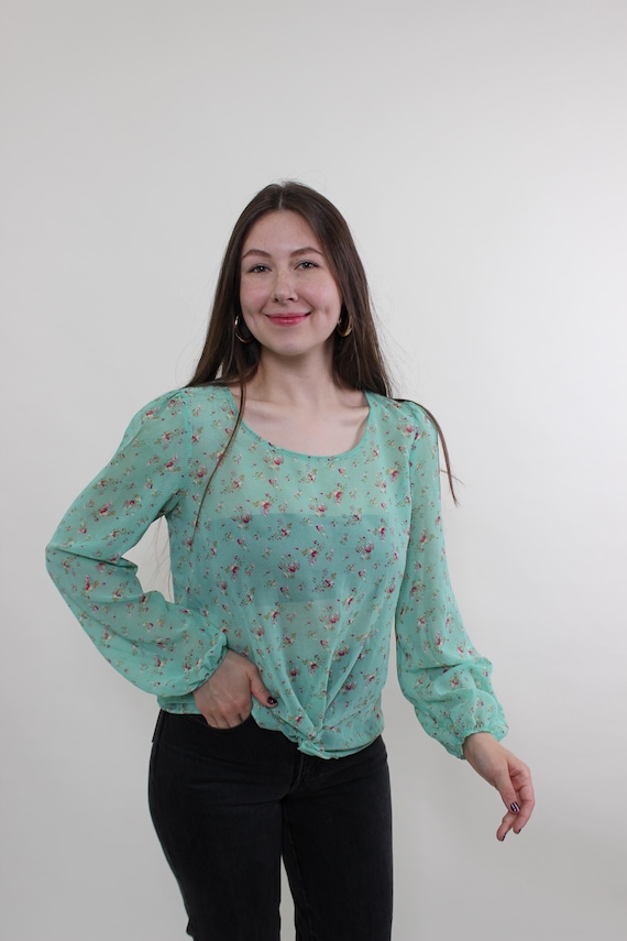 Y2k Green Sheer Boho Top Twist Knot Front Ditsy Floral Balloon Sleeve Blouse M
