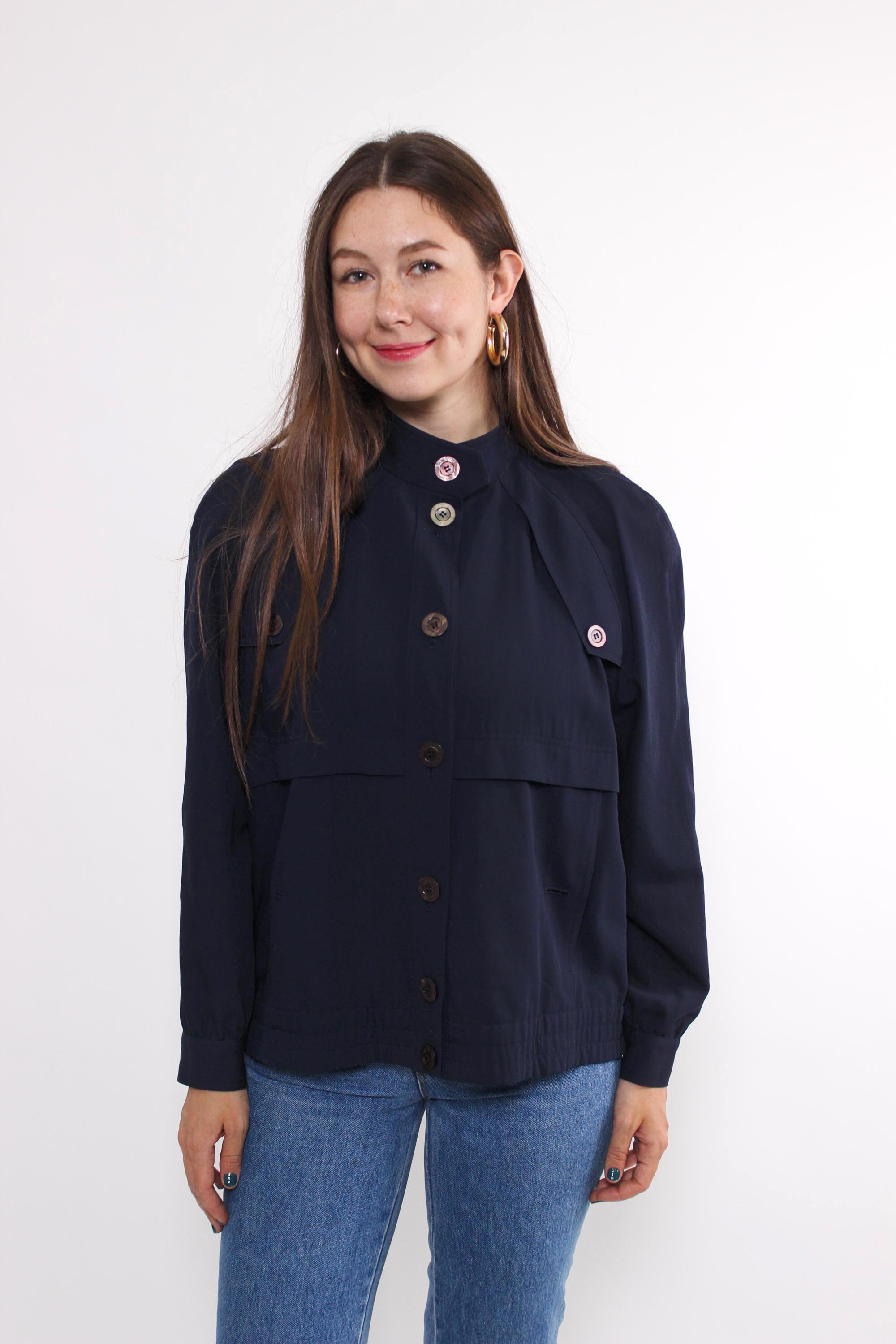 Vintage 90s Navy Blue Wool Bomber Jacket L Cropped Military Style