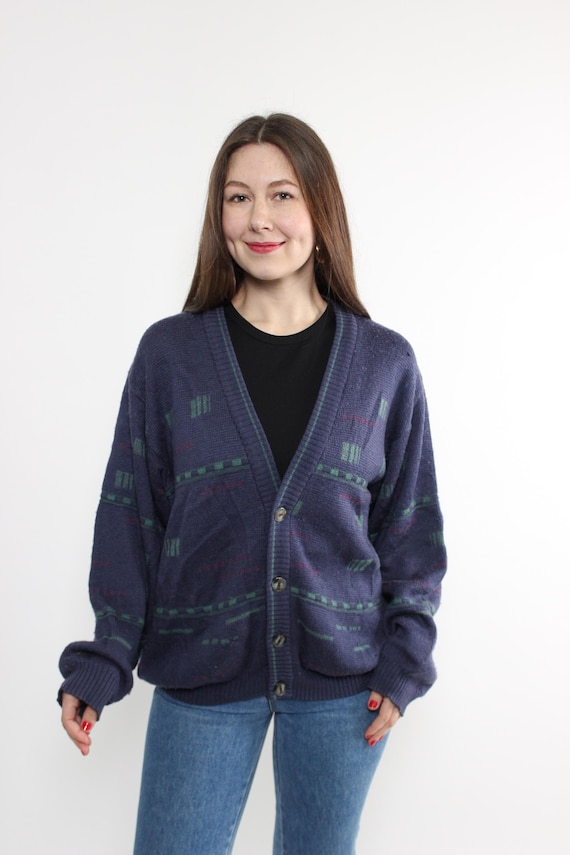 80s cozy wool cardigan sweater in blue and green, warm winter knit, Size M