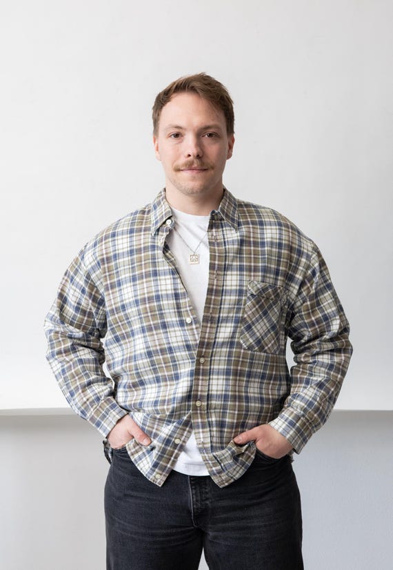 90s Navy Olive Tartan Check Shirt Vintage Button Down Heritage Size L