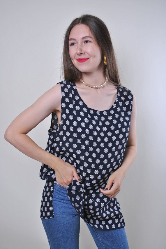 Navy Medallion Print Tank Top Scoop Neck Sleeveless Vintage 90s L