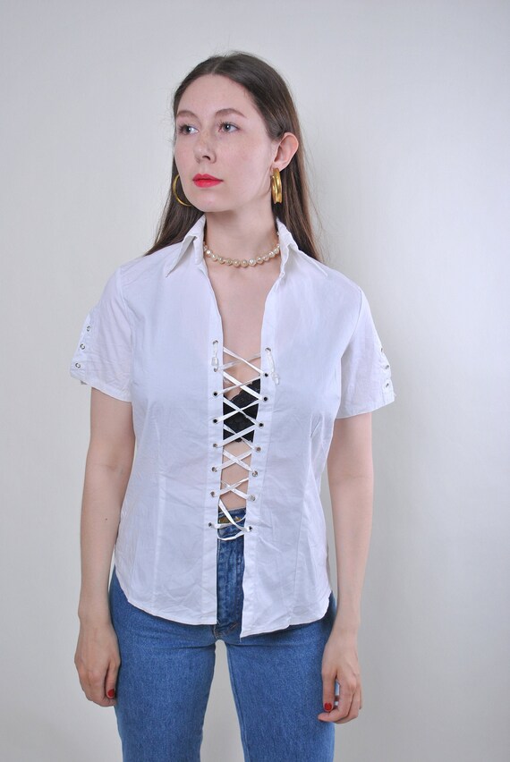 White Lace Up Corset Blouse Y2K Short Sleeve Coquette Going Out Top, Size XL