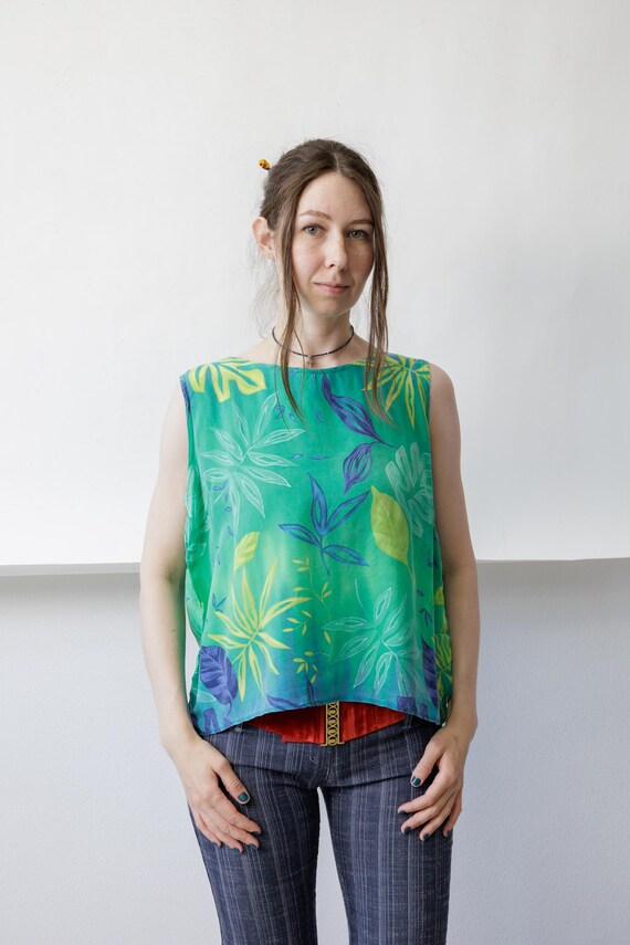 90s Tropical Leaf Print Tank Vintage Green Cupro Sheer Boxy Crop Sleeveless Shell L
