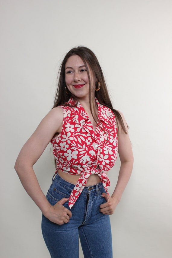 Y2k Red White Floral Tie Front Crop Top Sleeveless Hawaiian Camp Collar Blouse Medium