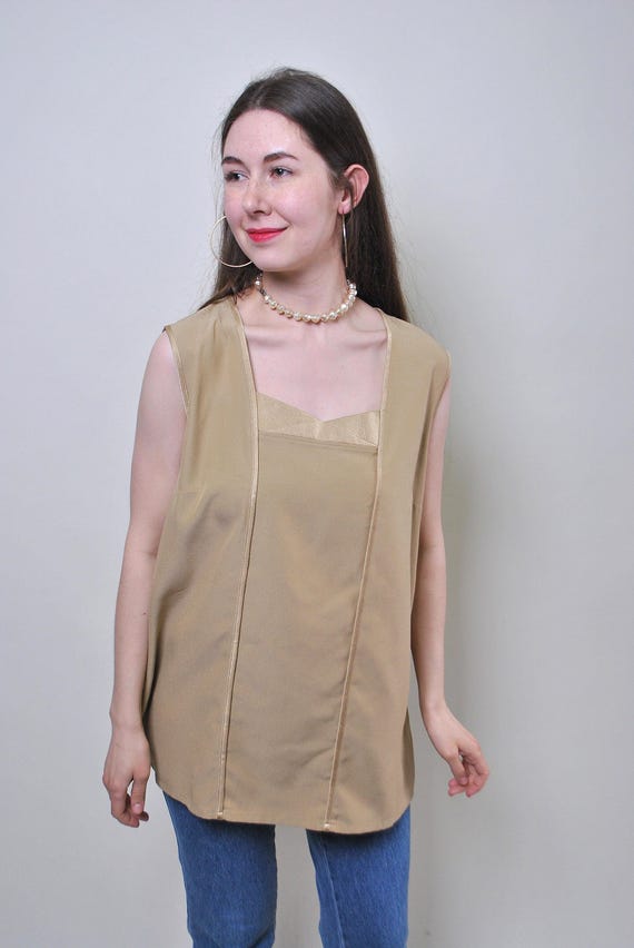 80s Beige Sleeveless Blouse Vintage Sweetheart Panel Longline Top Size L