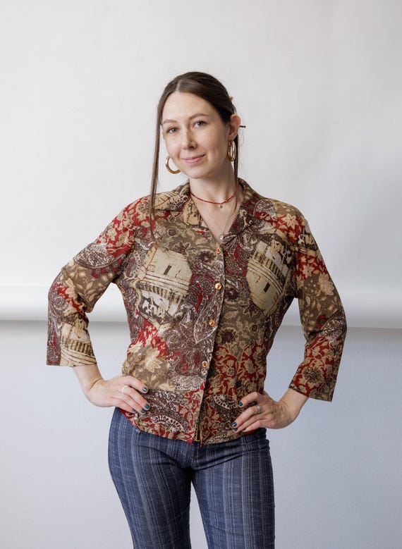 90s Baroque Print Blouse Vintage Red Brown Tapestry Fitted Long Sleeve Shirt Size M