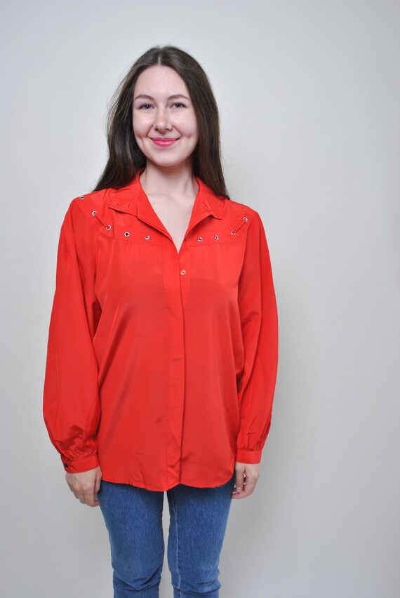 Red Satin Blouse with Silver Grommet Yoke, 80s Oversized Button-Up Poet Shirt, L