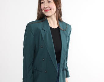 Blazer verde vintage dos anos 90 com abotoamento duplo, jaqueta esmeralda sob medida, blazer estruturado para escritório, tamanho P