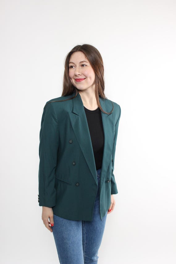 Vintage 90s Green Double Breasted Blazer, Emerald Tailored Jacket, Structured Office Blazer, Size S