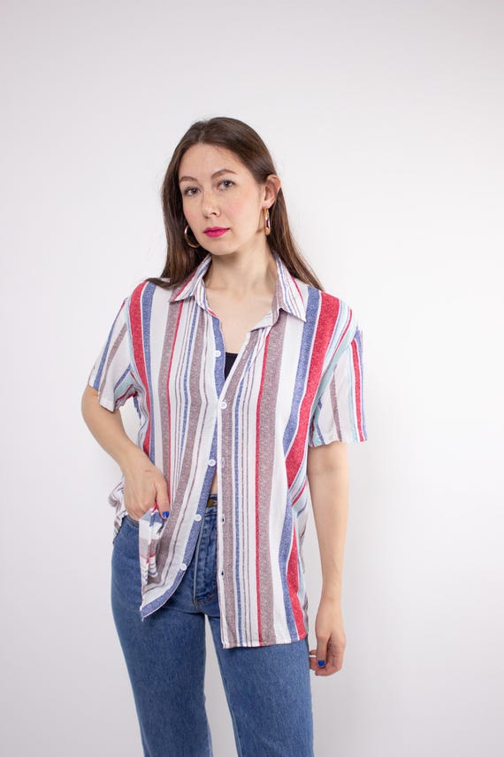 90s Stripe Seersucker Shirt Short Sleeve Summer Button Down M L