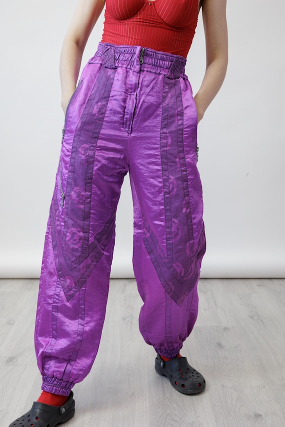 80s Orchid Purple Shiny Vintage Ski Pants Chevron Swirl Panels High Waist Snow Trousers Size M