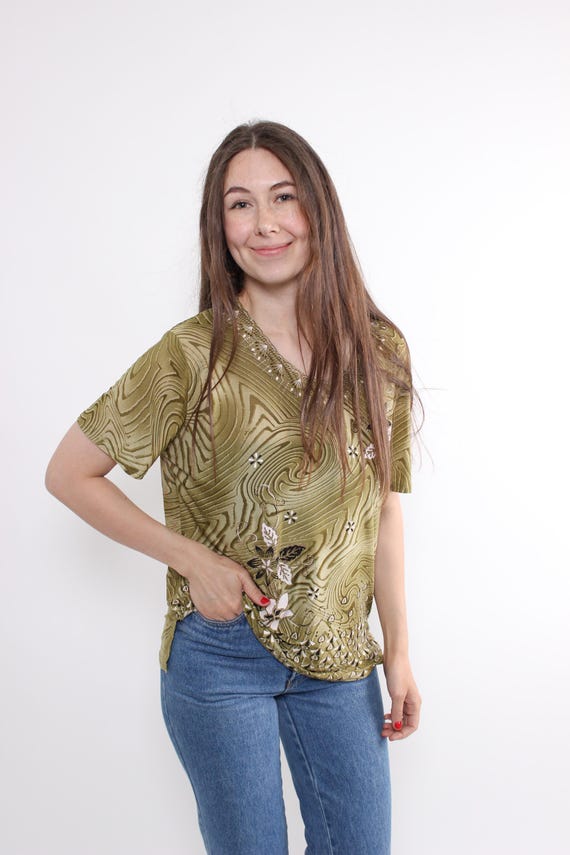 90s Olive Embossed Swirl Blouse, Beaded Floral Lace Trim Top