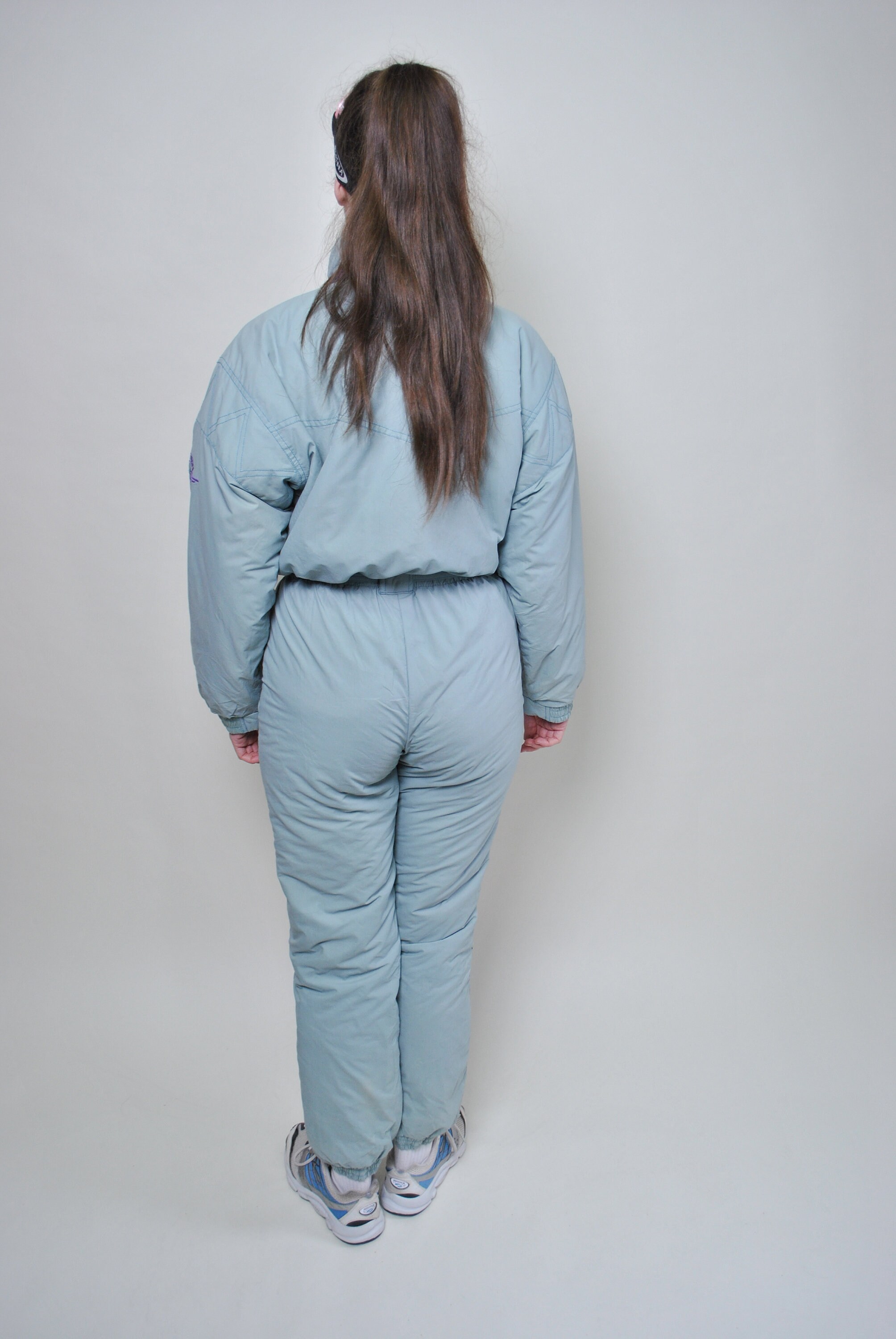 Combinaison De Ski Vintage Une Pièce Années 90 - Bleu Avec Bordure Fourrure - Taille XL Femme