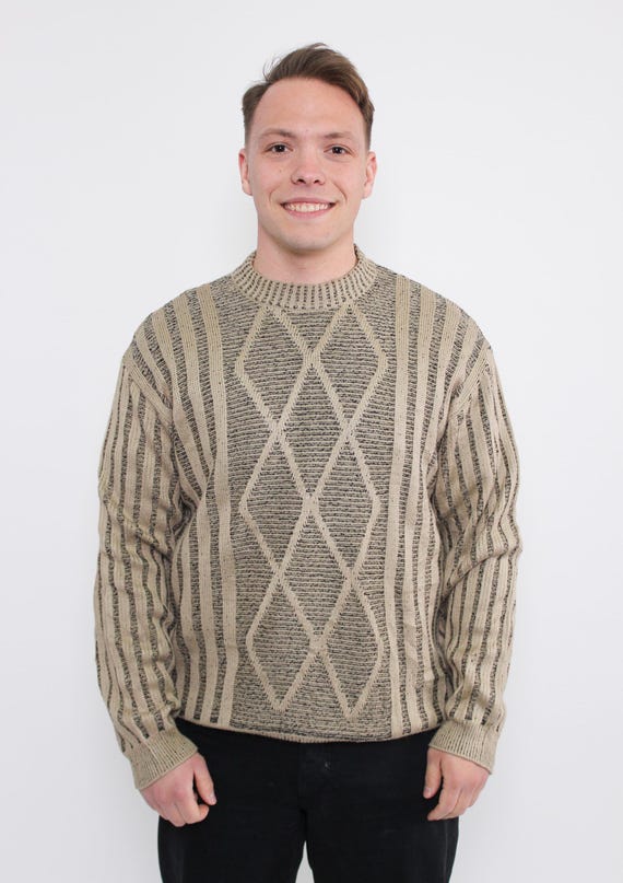 Vintage Oatmeal Diamond Knit Sweater, Textured Marl Pullover, 90s Grandpa Style