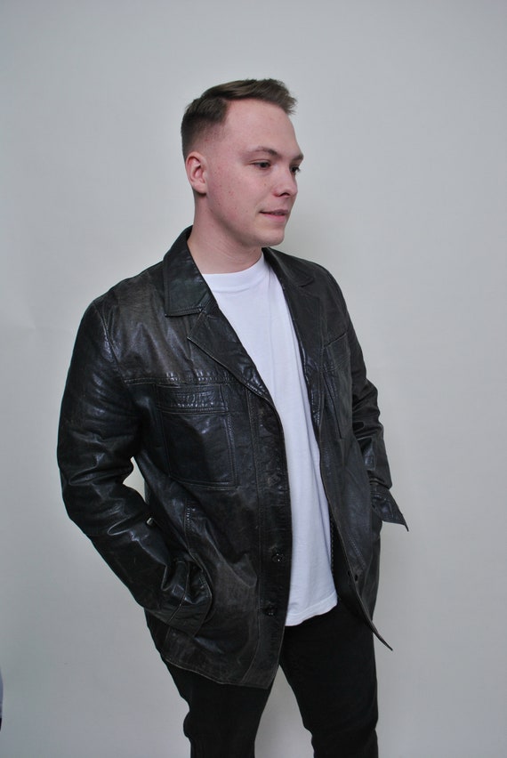 Vintage leather trench coat, 90s black leather blazer jacket, Size M