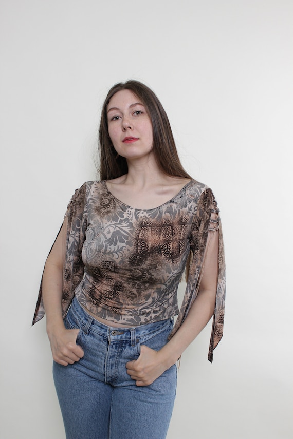Vintage Sheer Floral Blouse, 90s Abstract Print Brown Cropped Top Wide Sleeves, Size M