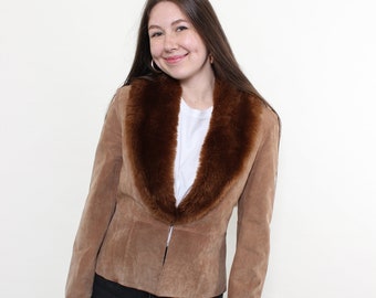 Vintage 90s Brown Leather Jacket with Faux Fur Collar (Size L)