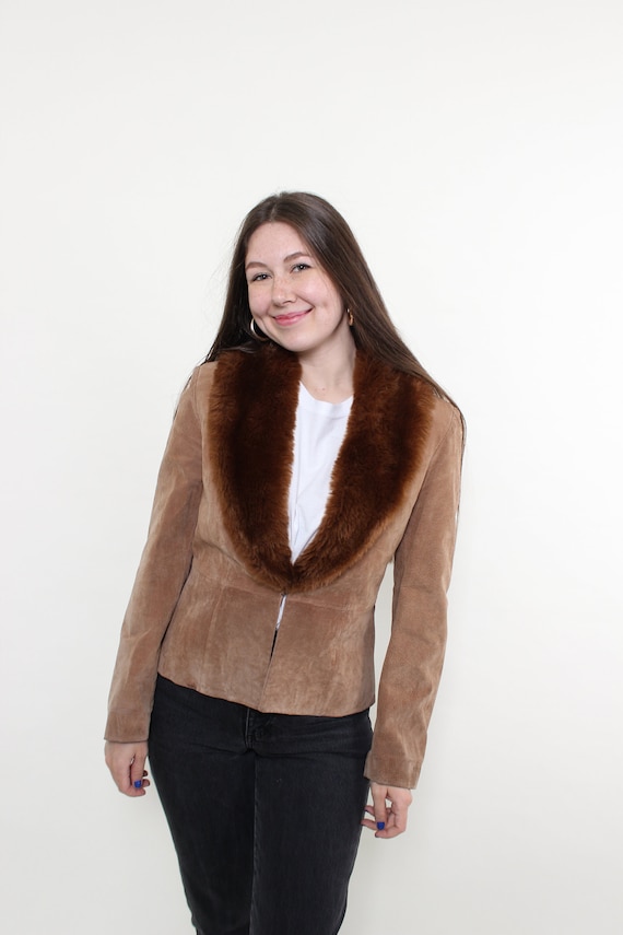 Vintage 90s Brown Leather Jacket with Faux Fur Collar (Size L)
