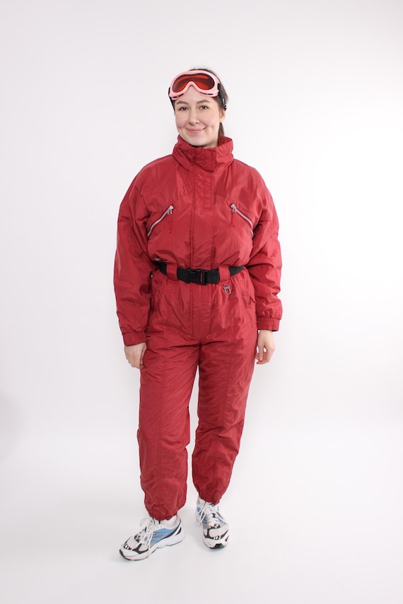 90s One Piece Ski Suit, Vintage Red Snowsuit, Size M