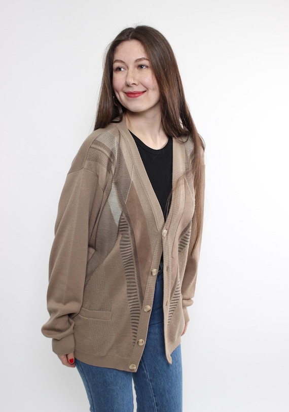90s Beige Merino Cardigan Vintage Geometric Knit V Neck Button Grandpa Sweater Size L