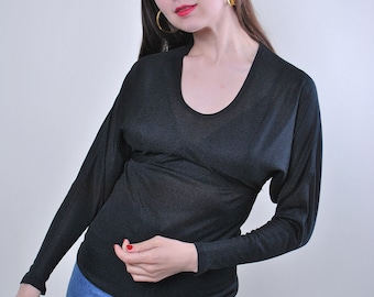 Women vintage black evening pullover blouse With long sleeve, Size M