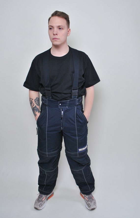 90s Vintage Suspenders Ski suit, Retro Mens Winter Snow Pants, Size L