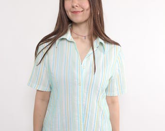 Kleurrijke blouse met gestreepte print uit de jaren 90, vintage vocation-blouse met korte mouwen, maat M