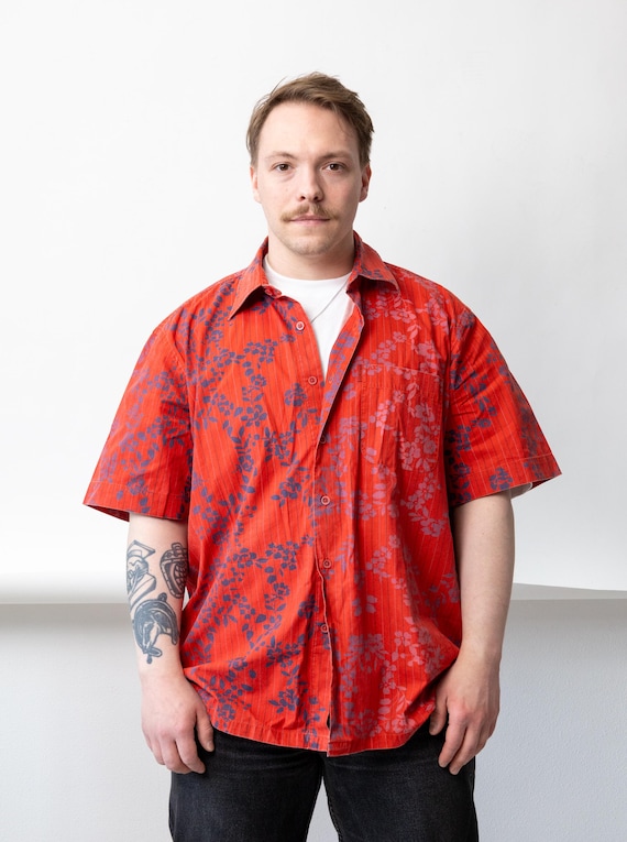 Red Hawaiian Shirt 90s Floral Print Short Sleeve Mens Vintage Button Up Size XL
