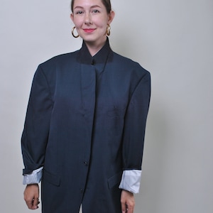 90s oversized wool blazer in blue, vintage plus size woman formal suit jacket, Size L