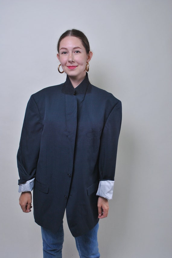 90s Vintage Oversized Wool Blazer - Blue Plus Size Jacket (L)