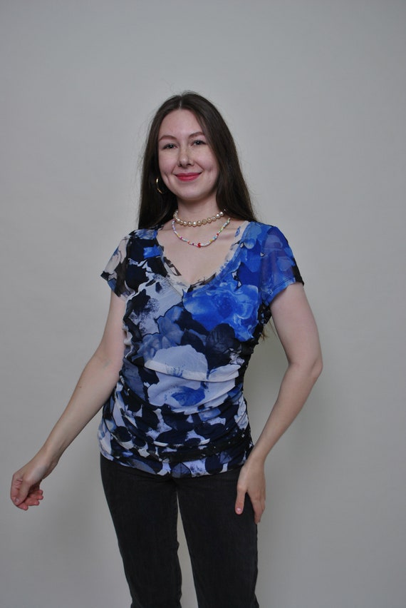 Y2k flowers blouse, vintage 00s blue floral print sheer top, Size L