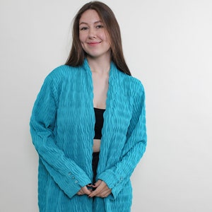 Vintage 90s Blue Textured Blouse - Retro Long Sleeve Office Secretary Top - Size L