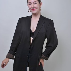 90s oversized wool blazer in black, vintage two button striped suit jacket, Size L