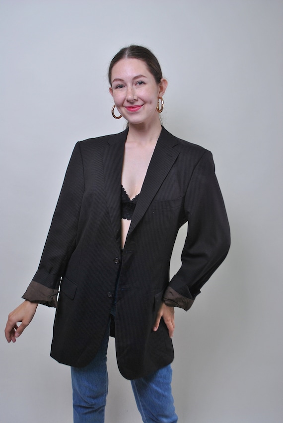 90s oversized wool blazer in black, vintage two button striped suit jacket, Size L