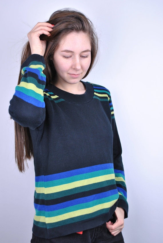 90s Vintage Striped Cotton Knit Sweater - Colorful Pullover Jumper (Size M)
