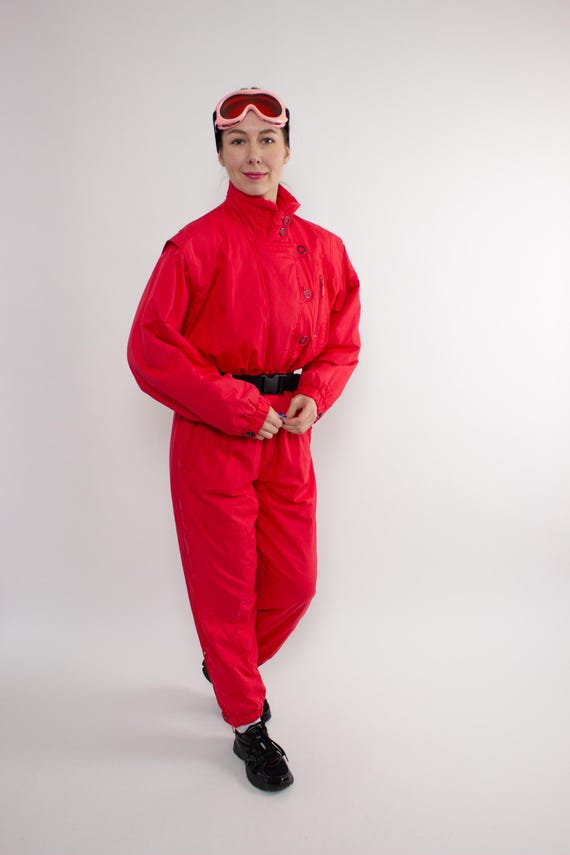 90s One piece ski suit, vintage red snowsuit ski jumpsuit, Size M
