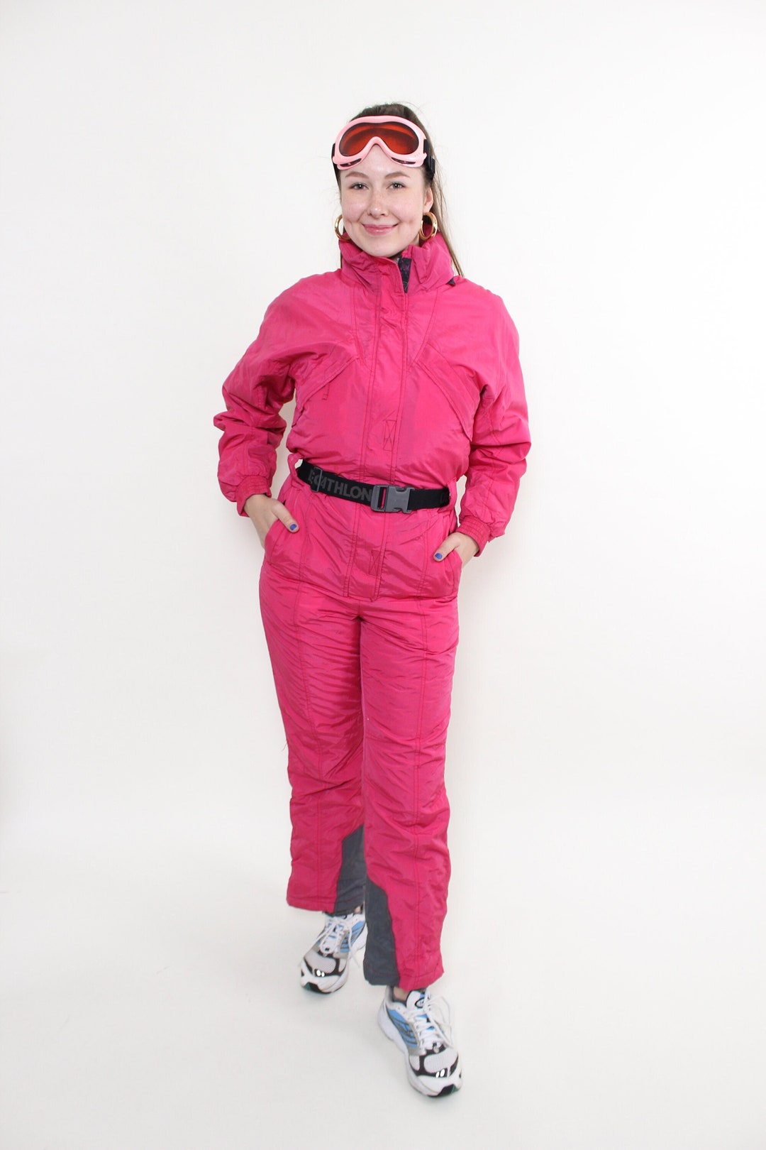 Vintage 90s Pink Ski Suit, One Piece Ski Suit, Women Printed Ski