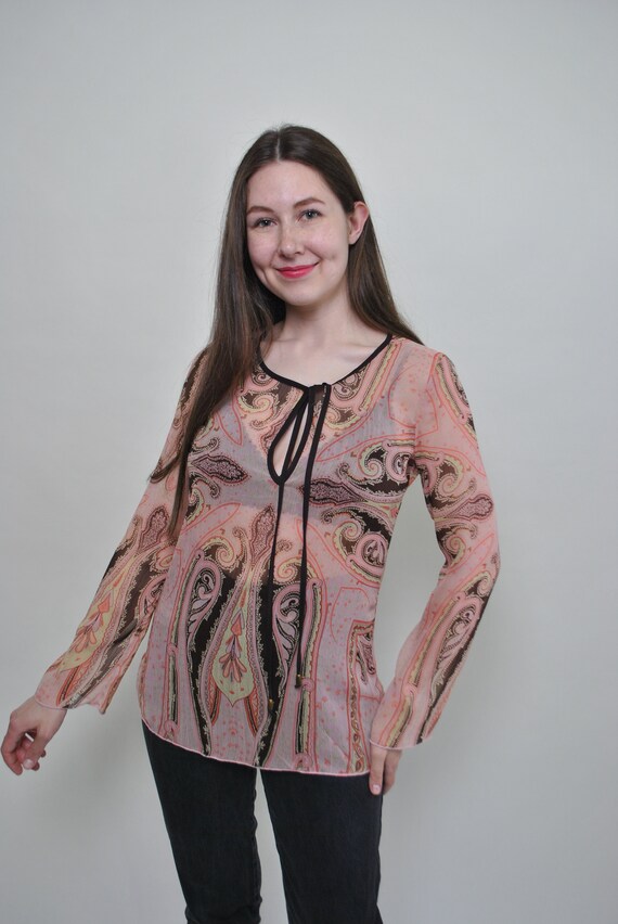 y2k Pink Paisley Sheer Blouse Tie Neck Boho Mesh Festival Tunic Top Medium