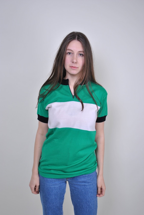 90s Vintage Green Stripe Cycling Jersey - Size S